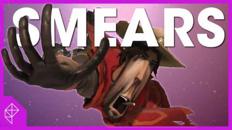 A still frame from McCree’s dive-roll play of the game animation; his face and fingers are weirdly, unnaturally elongated. Behind him the word “SMEARS” appears.