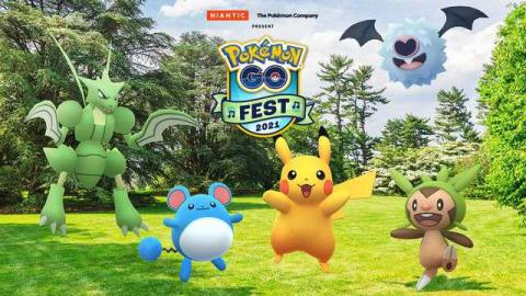 Five excited Pokémon celebrate the announcement of Pokemon Go Fest 2021