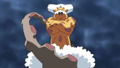 Landorus floats in a cloudy sky with its arms crossed