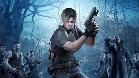 Artwork from Resident Evil 4 featuring Leon surrounded by villagers