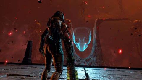Selene stands in front of a ghostly enemy in Returnal