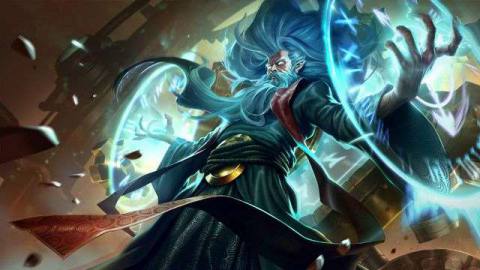 League of Legends - the splash art for Zilean, showing an old man with long hair and brows, with a giant time device on his back.