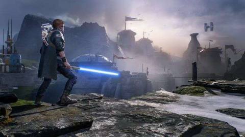 Cal Kestis overlooks a base in a screenshot from Star Wars Jedi: Fallen Order