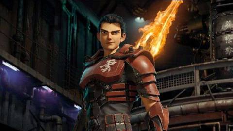 New Gods: Nezha Reborn: A hero in red armor stands in a factory with a flaming sword