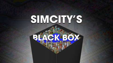 Text reading Simcity’s blackbox sits above an abstract black box containing a SimCity 2000 city.