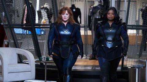 Melissa McCarthy and Octavia Spencer in black superhero getups in Thunder Force