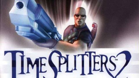 A muscular, bald man with goggles brandishes a very large, futuristic-looking rifle on the cover of TimeSplitters 2