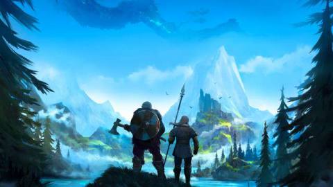 Valheim - two Vikings stand on a hill, looking out at a vast and wild landscape. A branch from the tree of life reached out above the horizon.
