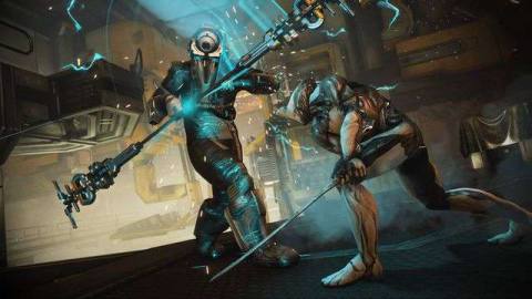 Warframe - the Excalibur Warframe attacks a Corpus crewmate with his sword aboard a spaceship.