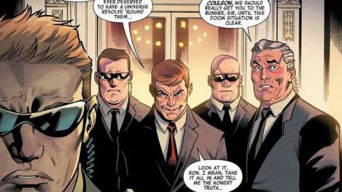 “Our Squadron,” President Phil Coulson says, surrounded by secret service in the White House, “If anyone ever deserved to have a universe revolve ‘round them...” in Heroes Reborn #1, Marvel Comics (2021). 