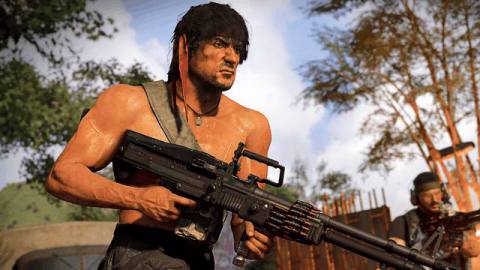 Rambo running forward with an LMG in Call of Duty: Warzone