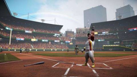 a player standing at home plate celebrates after scoring in Super Mega Baseball 3