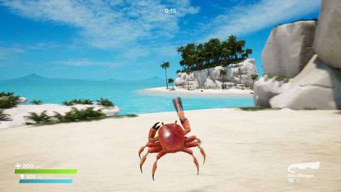 Crab Champions - a crab with a gun moves on a beach in a competitive game