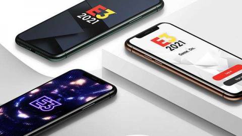 E3 2021 logos on three smartphones
