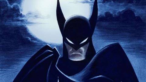 Batman raises his cape, silhouetted against a pale moon, in promotional art for Batman: Caped Crusader. 