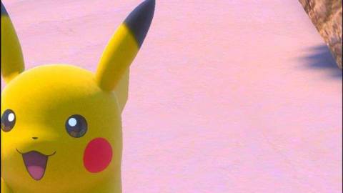 A closeup of Pikachu’s face, off center
