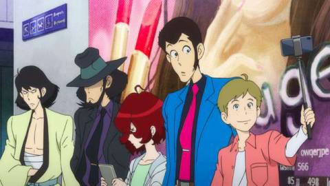 A teenager taking a selfie with Lupin III and his friends at the airport. All surprised.