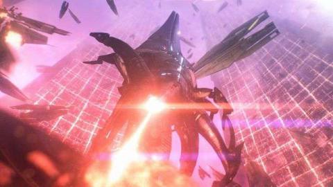 Mass Effect - a Reaper descends from above, shooting a massive space laser