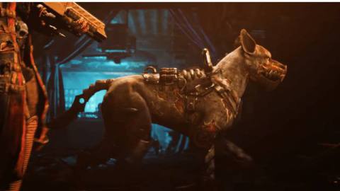 Necromunda: Hired Gun - a very good dog, with robotic augmentations, walks next to its master