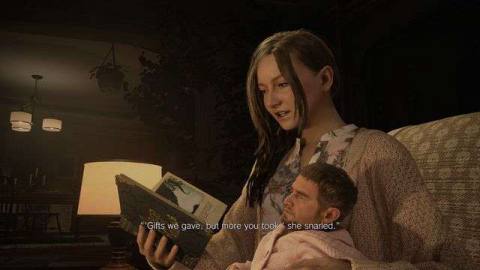 Chris Redfield as a baby being held by Mia Winters in Resident Evil Village