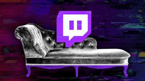 Illustration of a couch on a dark background with a Twitch logo hovering above