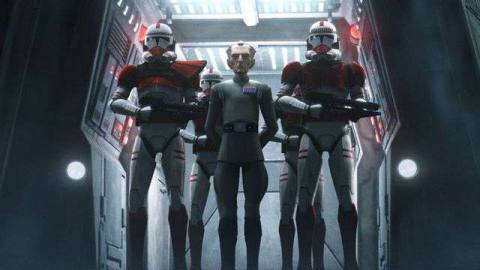 Admiral Tarkin and two clone troopers stand in a doorway in Star Wars: The Bad Batch