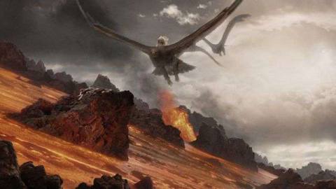 Three giant eagles arrive in Mordor to carry Frodo and Sam to safety in The Return of the King. 