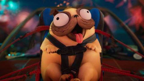 A close-up of Monchi the bug-eyed pug in The Mitchells vs. The Machines, strapped to a car hood with fireworks in the background