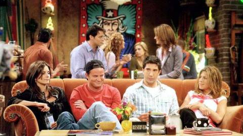 Monica, Chandler, Ross, and Rachel sitting on a couch on Friends