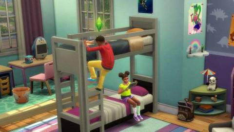 Two children sitting on a bunk bed in The Sims 4. One is climbing the ladder and the other is sitting on the bottom bunk with a tablet
