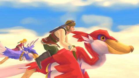 Link rides Loftwing in a screenshot from The Legend of Zelda: Skyward Sword HD