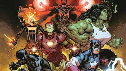 Doctor Strange, Ghost Rider, She-Hulk, Iron Man, Black Panther, and Captain America on the cover of Avengers #1, Marvel Comics (2018).