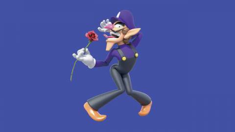 Waluigi is deliciously posed with his knees together, feet apart. he carries a rose which his tongue almost touches. it’s completely ridiculous. 