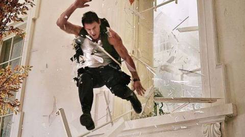 Channing Tatum leaps through a window in White House Down