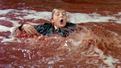 Augustus Gloop treads water and gasps for breath in a chocolate river in Willy Wonka and the Chocolate Factory