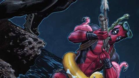 Deadpool raises a harpoon gun at an attacker. The merc is wearing flamingo floaties on each arm and an yellow innnertube with a duck head. From X-Force #20, (2021).