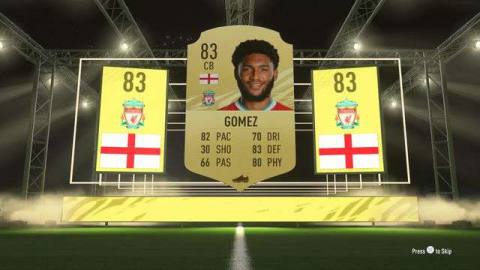 Screen showing the FIFA shield, rating, attributes, and portrait for Joe Gomez in the game’s Ultimate Team mode