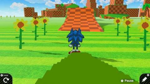 it’s a flat pixelated sonic in a 3D world. it has the characteristic checkered pattern of the original green hill zone