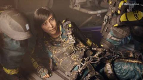 a Rainbow Six Extraction operator sitting up on the floor of a helicopter looking at her squadmates