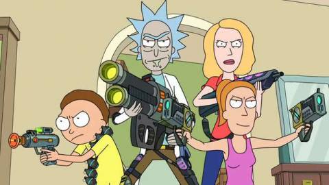 Rick and Morty - Rick, Morty, Summer, and Beth all pose in the Smith’s kitchen holding green sci-fi weaponry. They look prepared for an immediate fight.