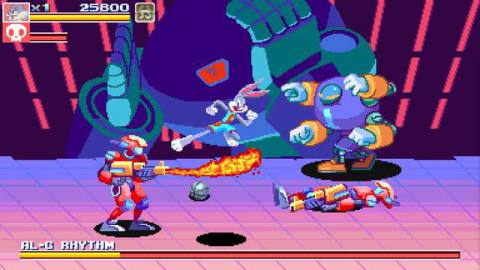 bugs bunny jumping in the air and doing a kick mid-air against a robot with a flamethrower