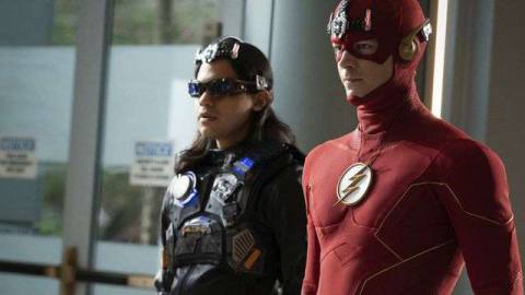 Carlos Valdes as Mecha Vibe and Grant Gustin as The Flash&nbsp;wearing superhero gear