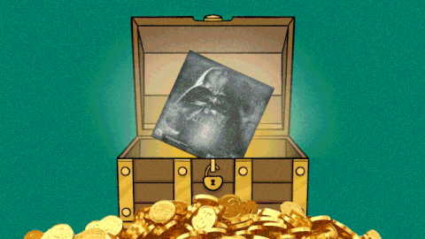 Illustration of books and vinyl records in a treasure chest on a green background