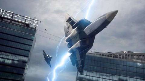 Fighter jets battle amid a lightning storm in Korea, in Battlefield 2042.