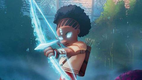 Iyanu, the main character of Iyanu: Child of Wonder, brandishes a glowing bow and arrow. Her hair is braided into a poof.