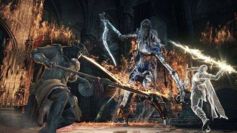 Two players battle the Dancer of the Boreal Valley in Dark Souls 3