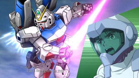 Üso Ewin of Mobile Suit Victory&nbsp;Gundam cries out while his mobile suit wields an energy sword
