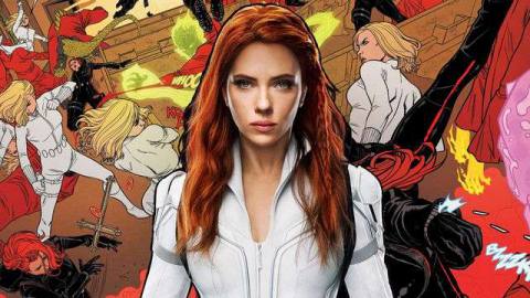 Scarlett Johansson as Black Widow on a comic art background