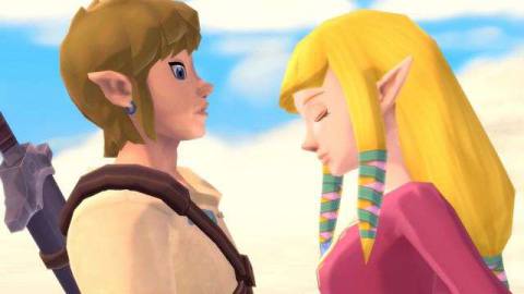 Link and Zelda in Skyward Sword with Link looking utterly baffled