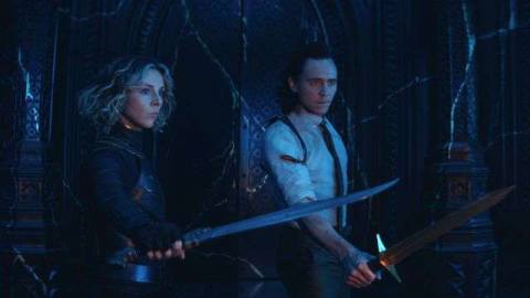 Loki and Sylvie hold their swords out as they face the season finale villain in Loki